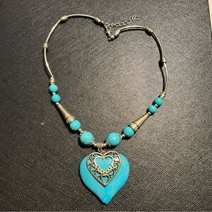 Faux (?) Turquoise Heart With Silvertone Heart On Top Necklace